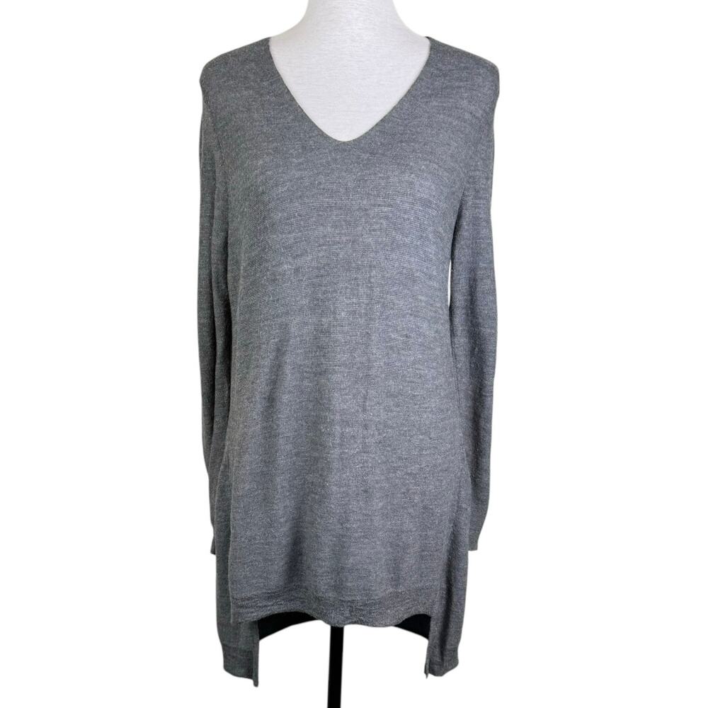 Eileen Fisher Gray Merino Wool V-neck Long Sleeve Thin Knit Tunic Sweater